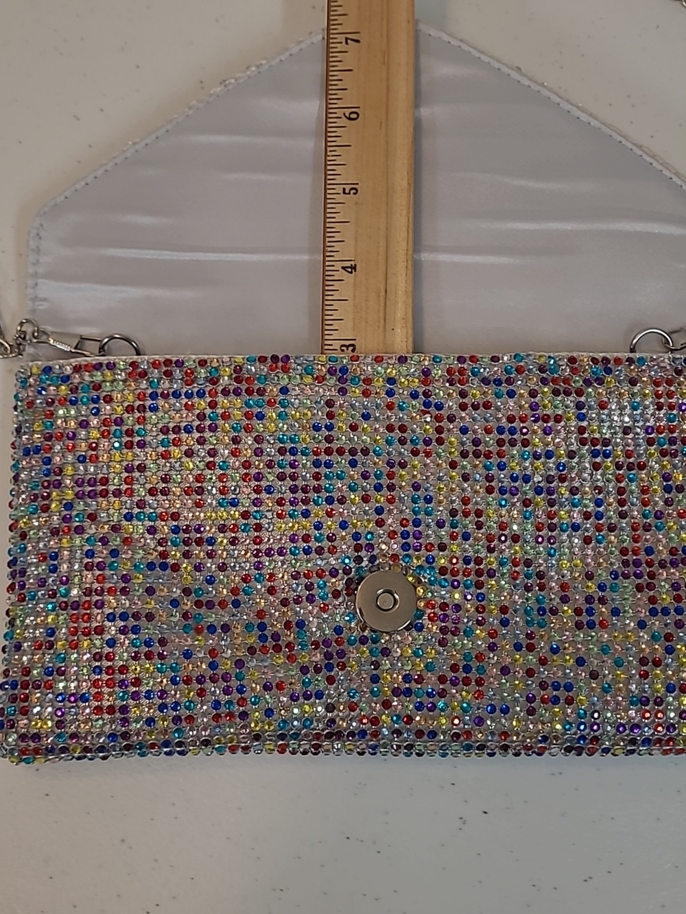 Jessica McClintock Crystal Multicolor Envelope Clutch Bag with Chain Strap - Picture 6 of 11